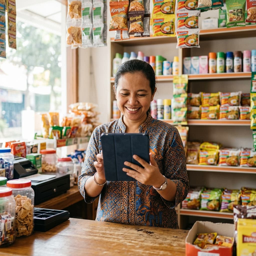 Pemilik UMKM lokal tersenyum melihat kemudahan sistem Pranata Digital di tabletnya